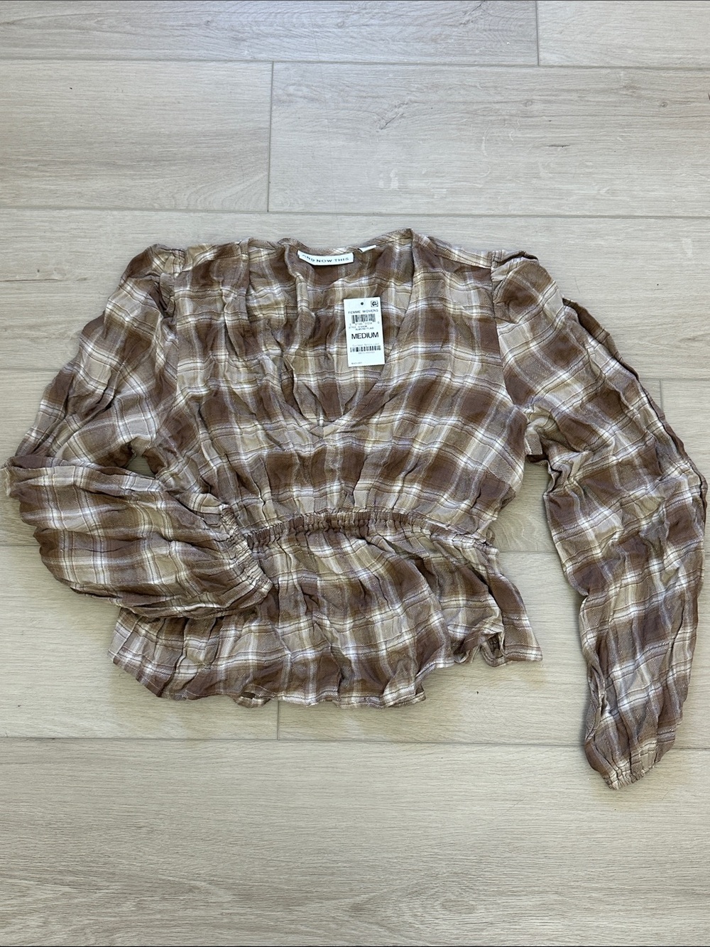 Plaid Peplum Blouse in Brown & Cream